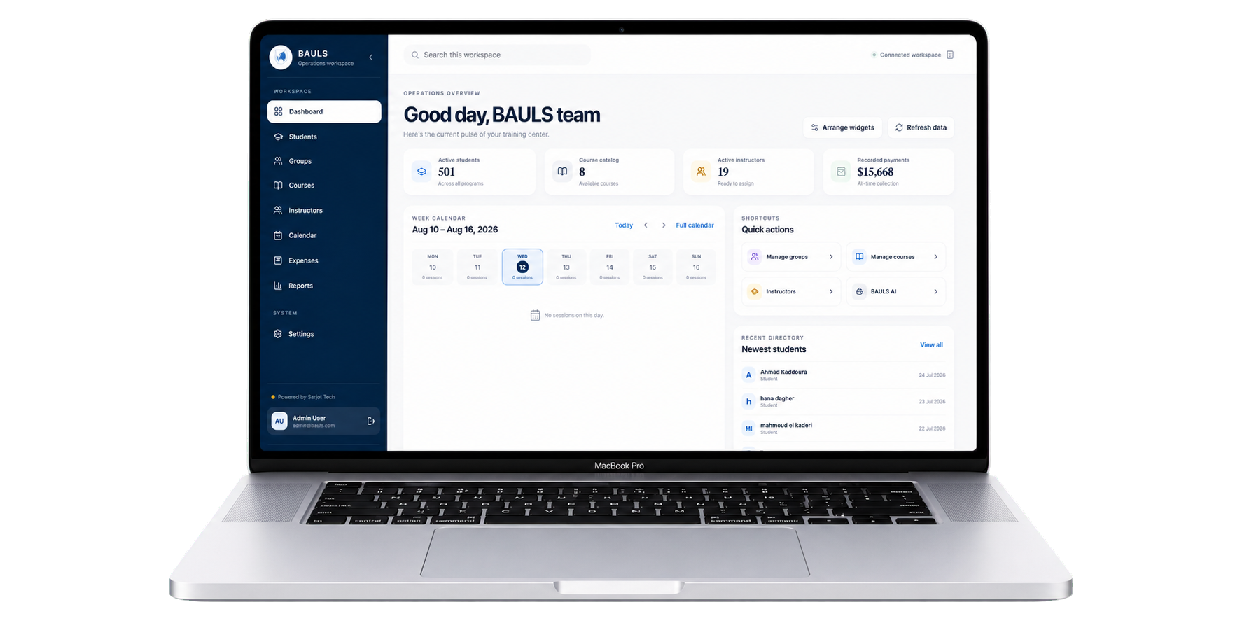 BAULS training center management dashboard