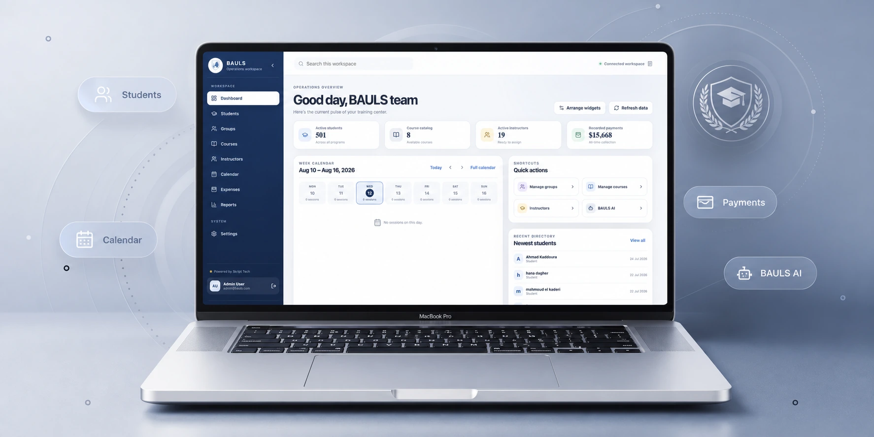 BAULS training center management dashboard